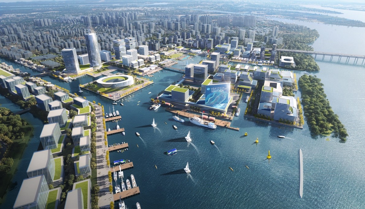 Marine-oriented district design organized around a connected blue-space system