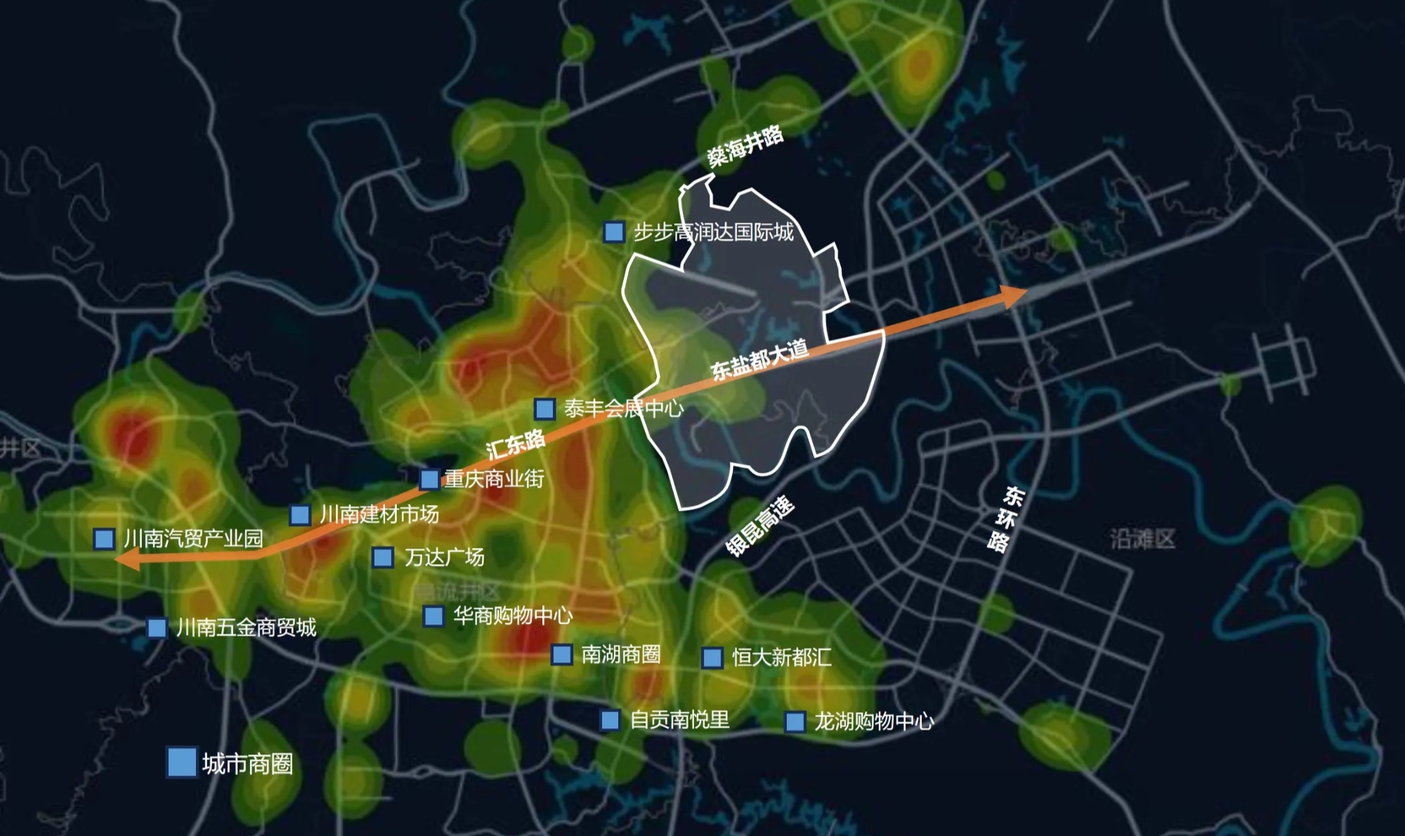 The project area in relation to Zigong’s established commercial centers